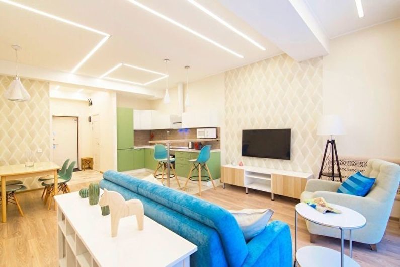 Design de sala de estar branca - decoração e iluminação