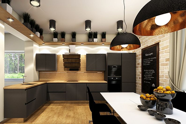 Črna kuhinja v podstrešju - notranje oblikovanje