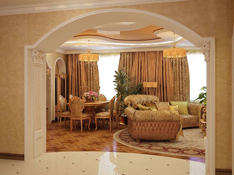 Arco de paneles de yeso en la sala de estar: estilo clásico, diseño