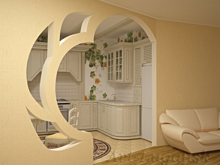 Diseño de un arco decorativo de yeso en la cocina.