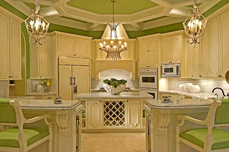 Cozinha branca e verde em estilo clássico - design de interiores