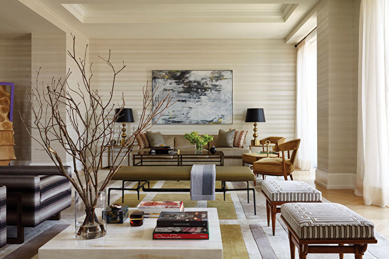 Béžová tapeta v obývacej izbe - interiérový dizajn