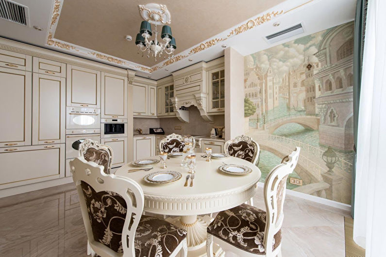 Papel pintado beige en la cocina - Diseño de interiores