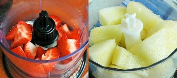 Erdbeeren und Melonen im Mixer zerkleinern