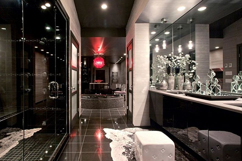 Čierny dizajn kúpeľne - dekor a osvetlenie