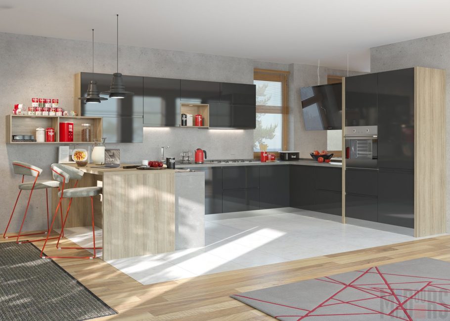 Kuchynský dizajn v červenej a čiernej farbe