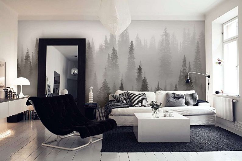 Svartvita tapeter i vardagsrummets inre - Fotodesign