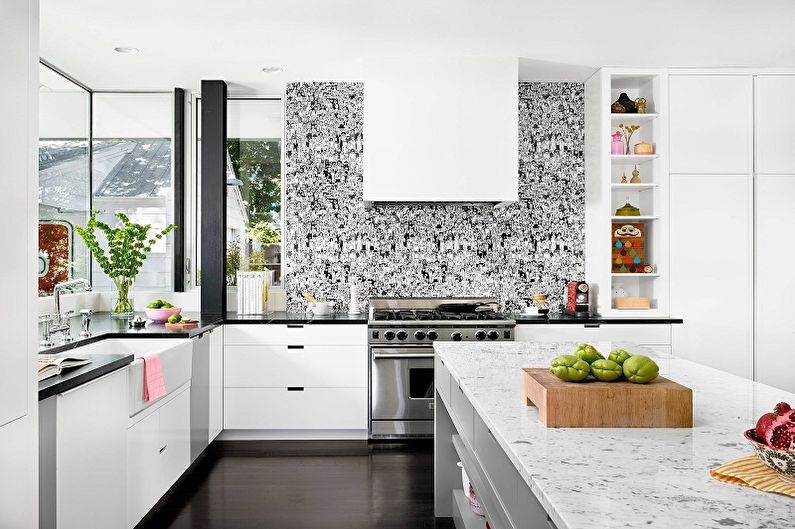 Črno -bele ozadje v notranjosti kuhinje - oblikovanje fotografij
