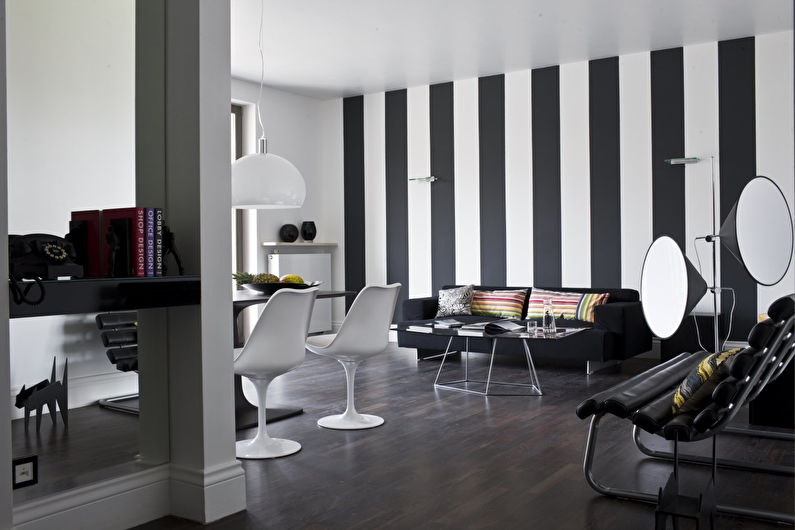 Projekt wnętrza salonu w czerni i bieli - zdjęcie