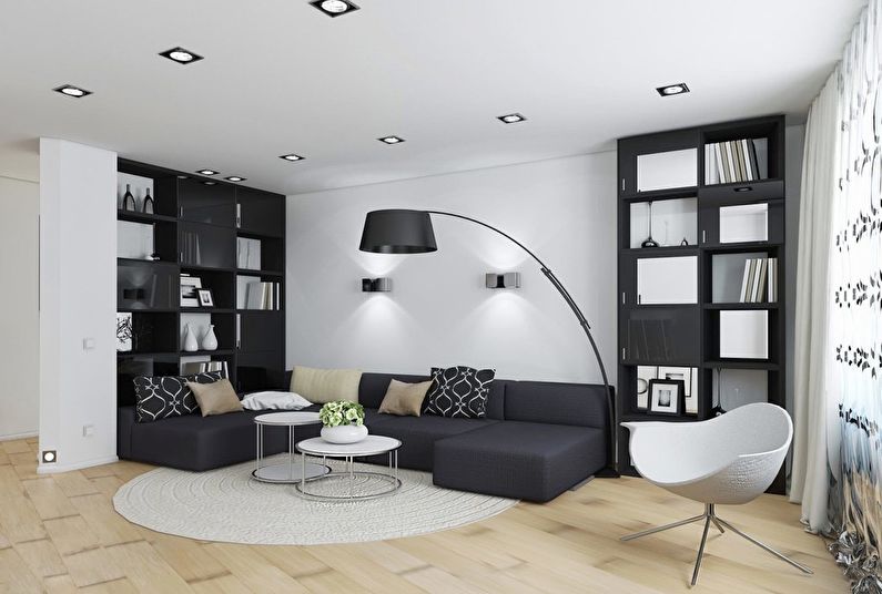 Notranjost dnevne sobe v črno -beli barvi - fotografija