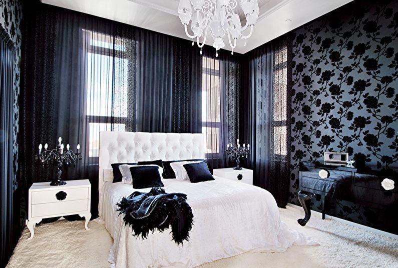 Projekt wnętrza sypialni w czerni i bieli - zdjęcie
