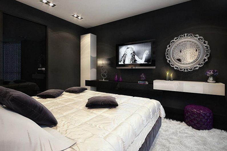 Notranjost spalnice v črno -beli barvi - fotografija