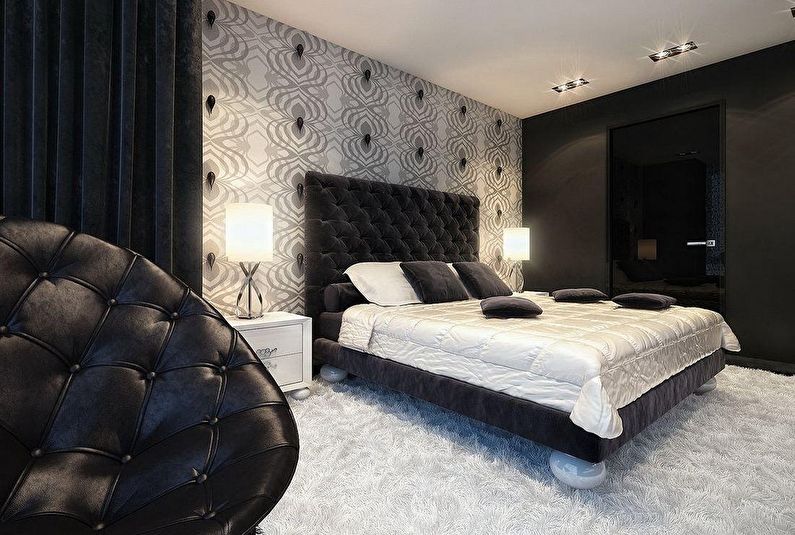 Notranjost spalnice v črno -beli barvi - fotografija