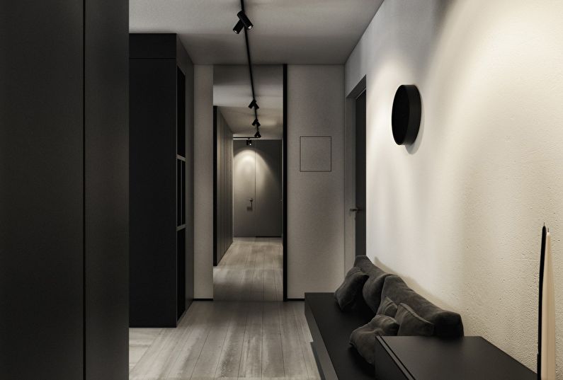 Interiørdesign av gangen, korridor i svart -hvitt - foto