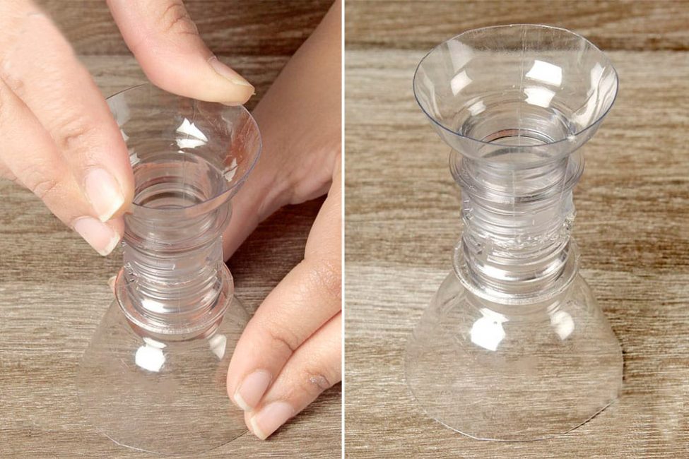 Wytnij jedną butelkę 7 cm od szyi, a drugą 2-3 cm