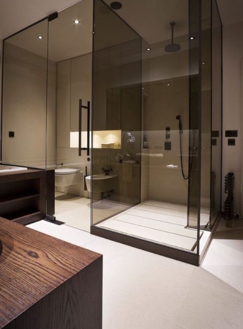 Elegantná kombinácia tmavého skla so svetlou kúpeľňou