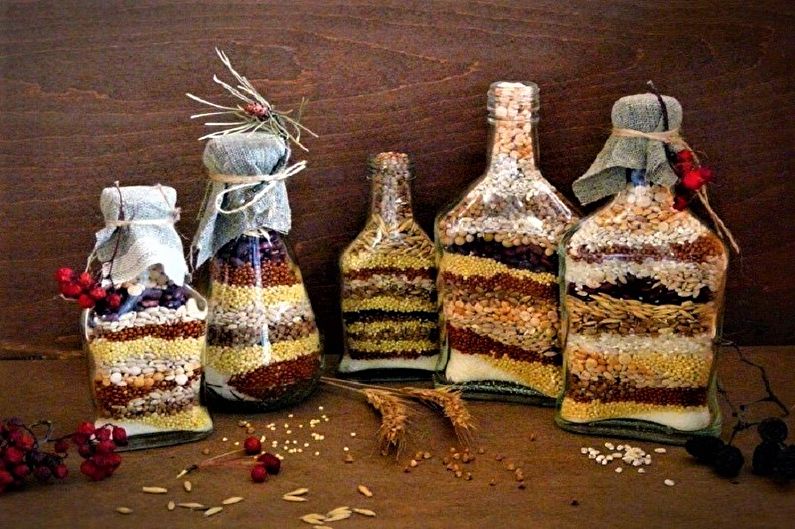 DIY dekor fľaše - dekor z cereálií