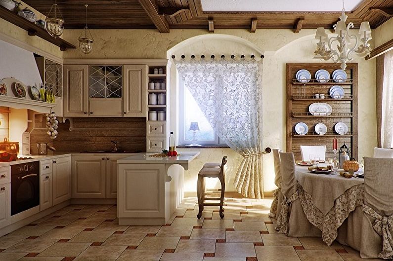 Beige kjøkken i landlig stil - interiørdesign
