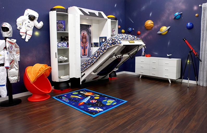 Proiectarea unei camere pentru copii pentru un băiat într-un stil spațial