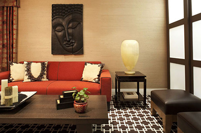Obývacia izba 17 m2 etnický štýl - interiérový dizajn