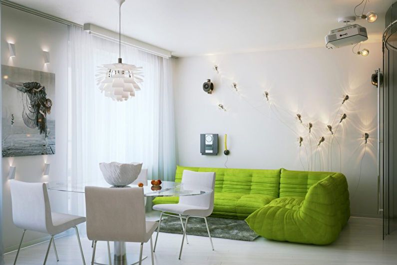 Dizajn obývačky 20 m2 v bielom