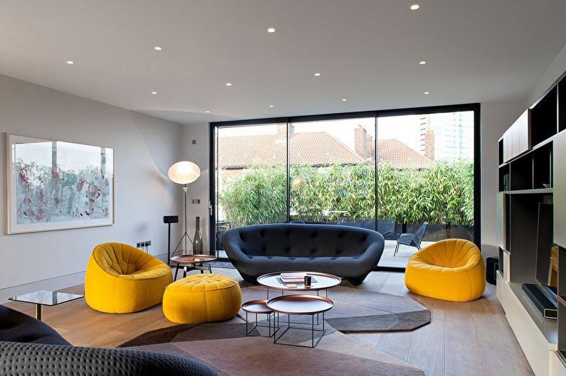Projeto da sala de estar com 20 m². em um estilo moderno