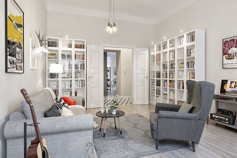 Projeto da sala de estar com 20 m². no estilo escandinavo