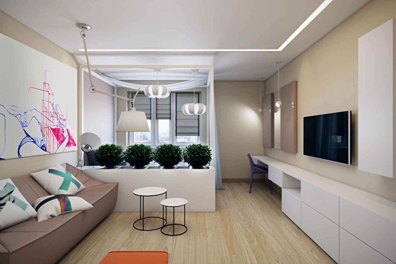 Dormitorio-sala de estar en el estilo del minimalismo - Diseño de interiores