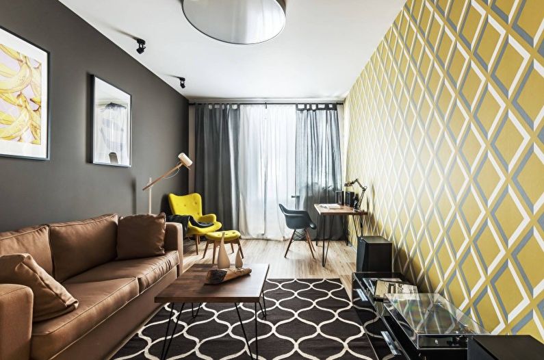 Żółty salon w stylu minimalizmu - Aranżacja wnętrz