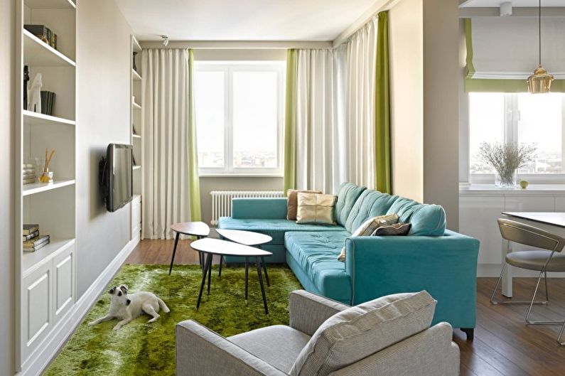 Design de sala de estar no estilo minimalista - decoração e têxteis