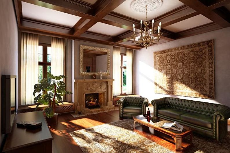 Obývacia izba vo vidieckom dome v klasickom štýle - interiérový dizajn