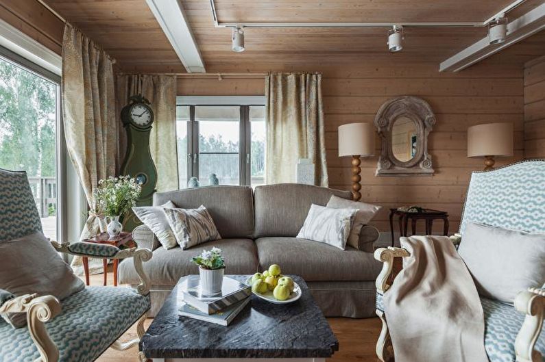 Interiérový dizajn obývačky vo vidieckom dome - fotografia