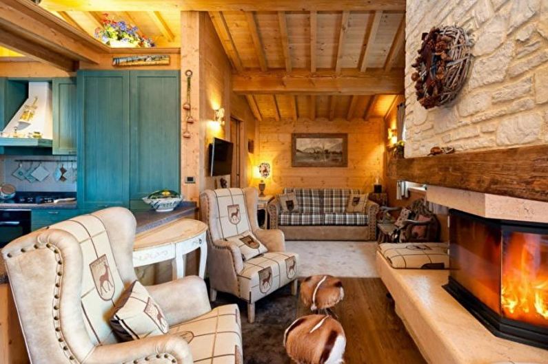 Design de interiores de uma sala de estar em uma casa de campo - foto