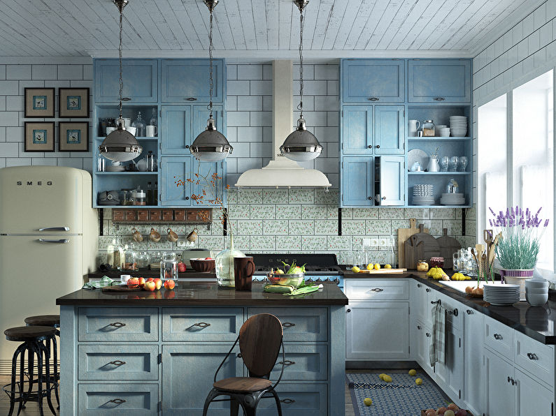 Modrý a biely dizajn kuchyne v štýle Provence