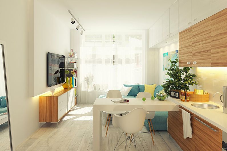 Design interior bucătărie-cameră de zi în stil scandinav - fotografie