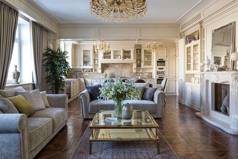 Notranja zasnova kuhinje -dnevne sobe v klasičnem slogu - fotografija