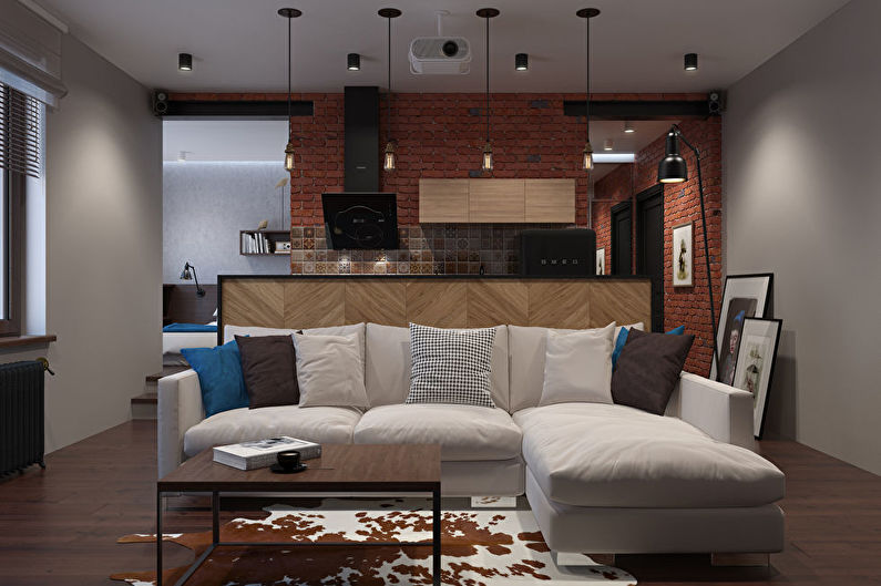 Diseño interior de una pequeña cocina-sala de estar en estilo loft - foto