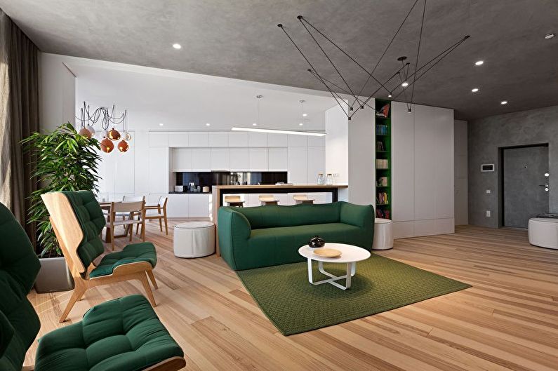 Interiérový dizajn obývačky v kuchyni v štýle minimalizmu - foto