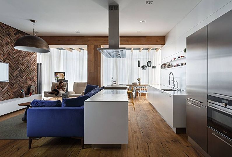 Notranja zasnova kuhinje -dnevne sobe - fotografija