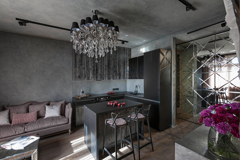 Interiérový dizajn kuchyne kombinovaný s obývacou izbou v štýle art deco - fotografia