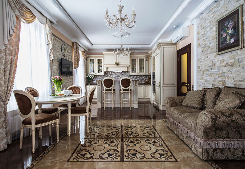 Diseño de cocina-sala de estar en estilo clásico.