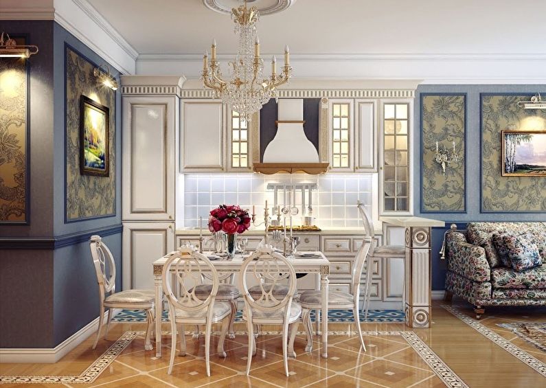 Kjøkken-stue design i klassisk stil