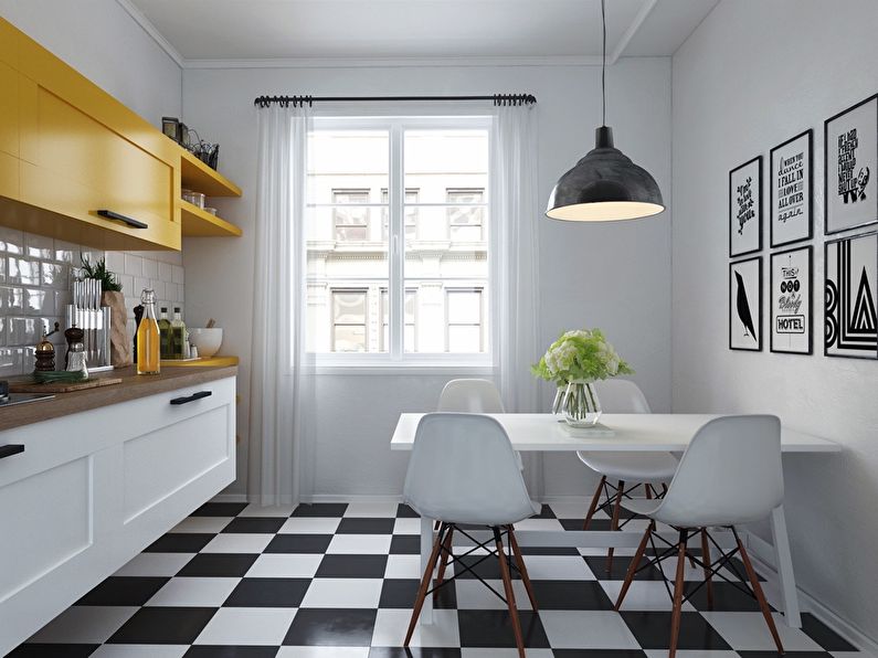 Diseño de piso de cocina de estilo escandinavo - azulejos blancos y negros