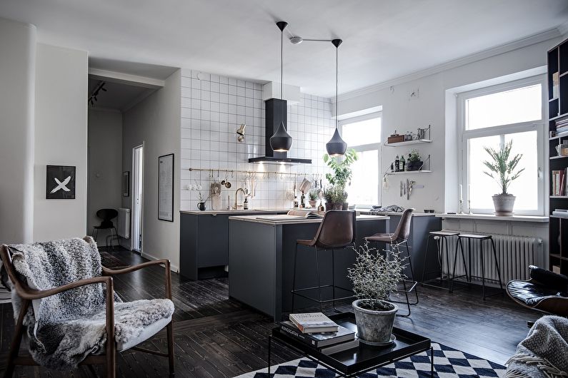 Cocina de estilo escandinavo combinada con sala de estar - diseño de interiores