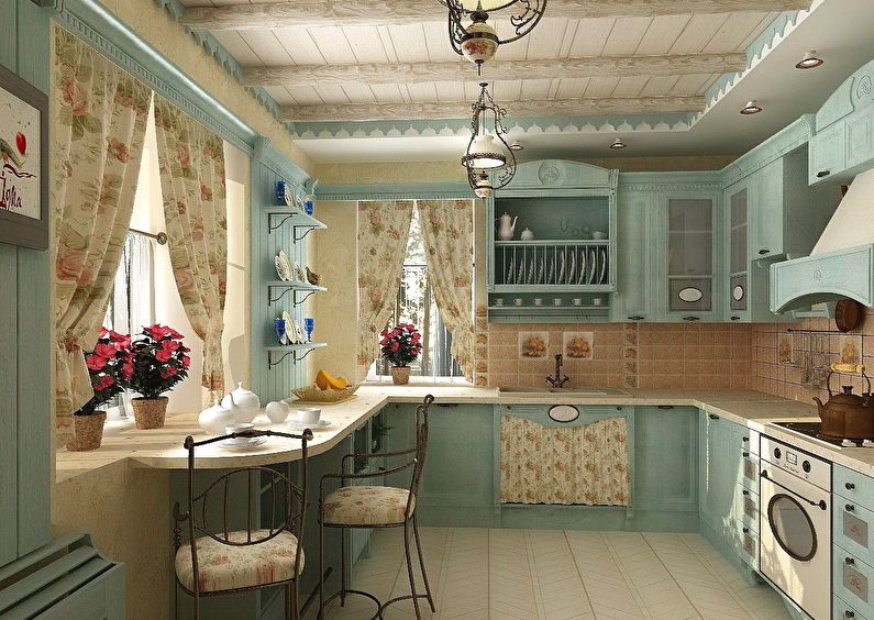 Bucătărie în stil rustic - proiectarea și decorarea tavanului