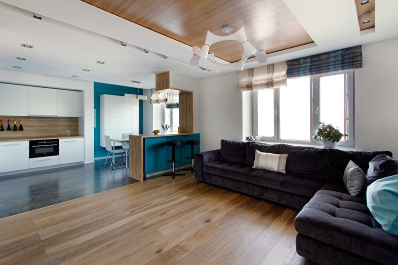Minimalistický dizajn obývačky a kuchyne - foto
