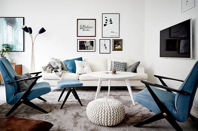 Malá obývačka v bielej farbe - interiérový dizajn
