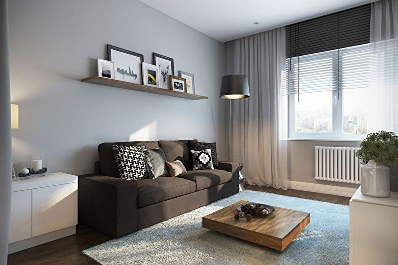 Malá obývačka v sivých tónoch - interiérový dizajn