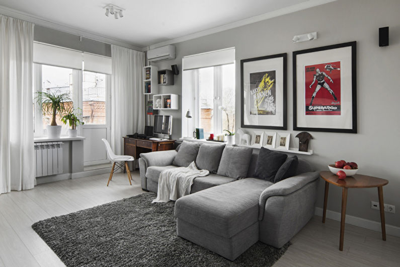 Pequena sala de estar em tons de cinza - design de interiores