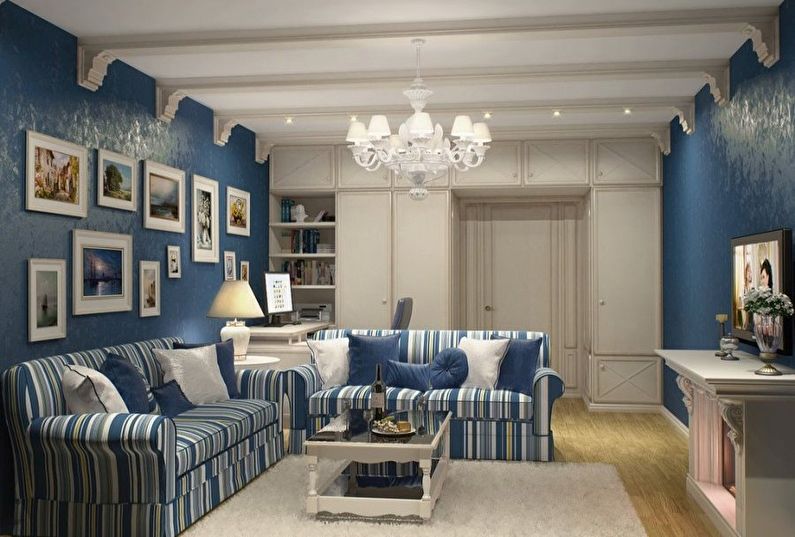 Malá obývačka v modrých tónoch - interiérový dizajn